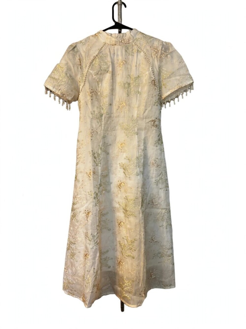Ivory Gold Embroidered Midi Dress Pearl Beading Pearl Fringe Sleeves